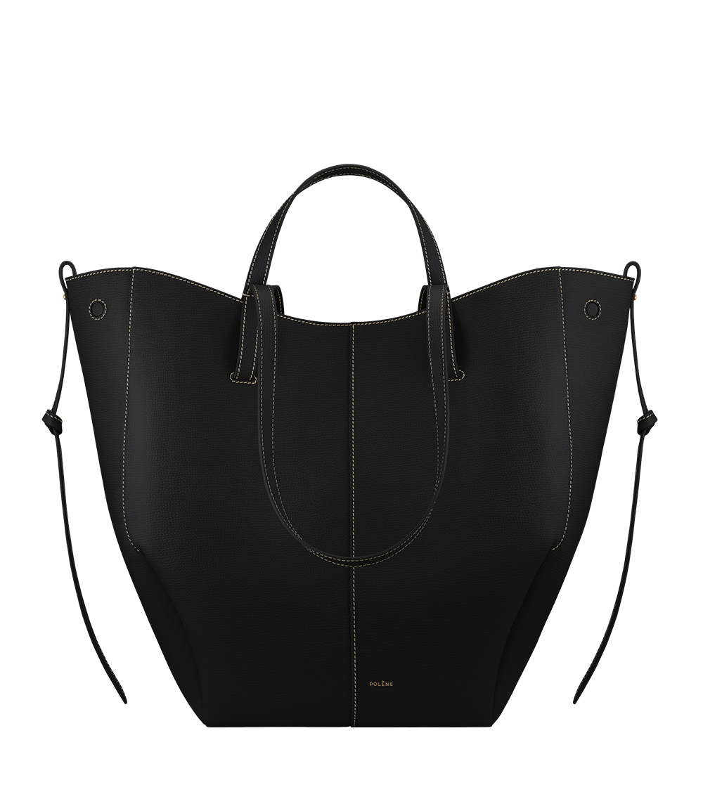 Polène Cyme luxury brand tote bags in textured black with ecru stitching