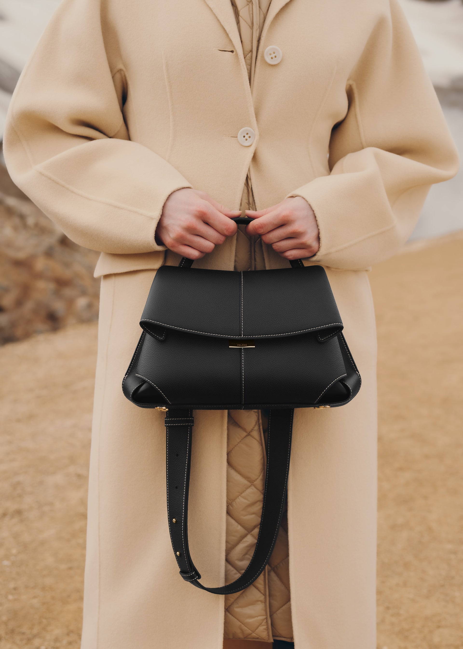 Polène Bag Mokki Textured Black with Ecru Stitching