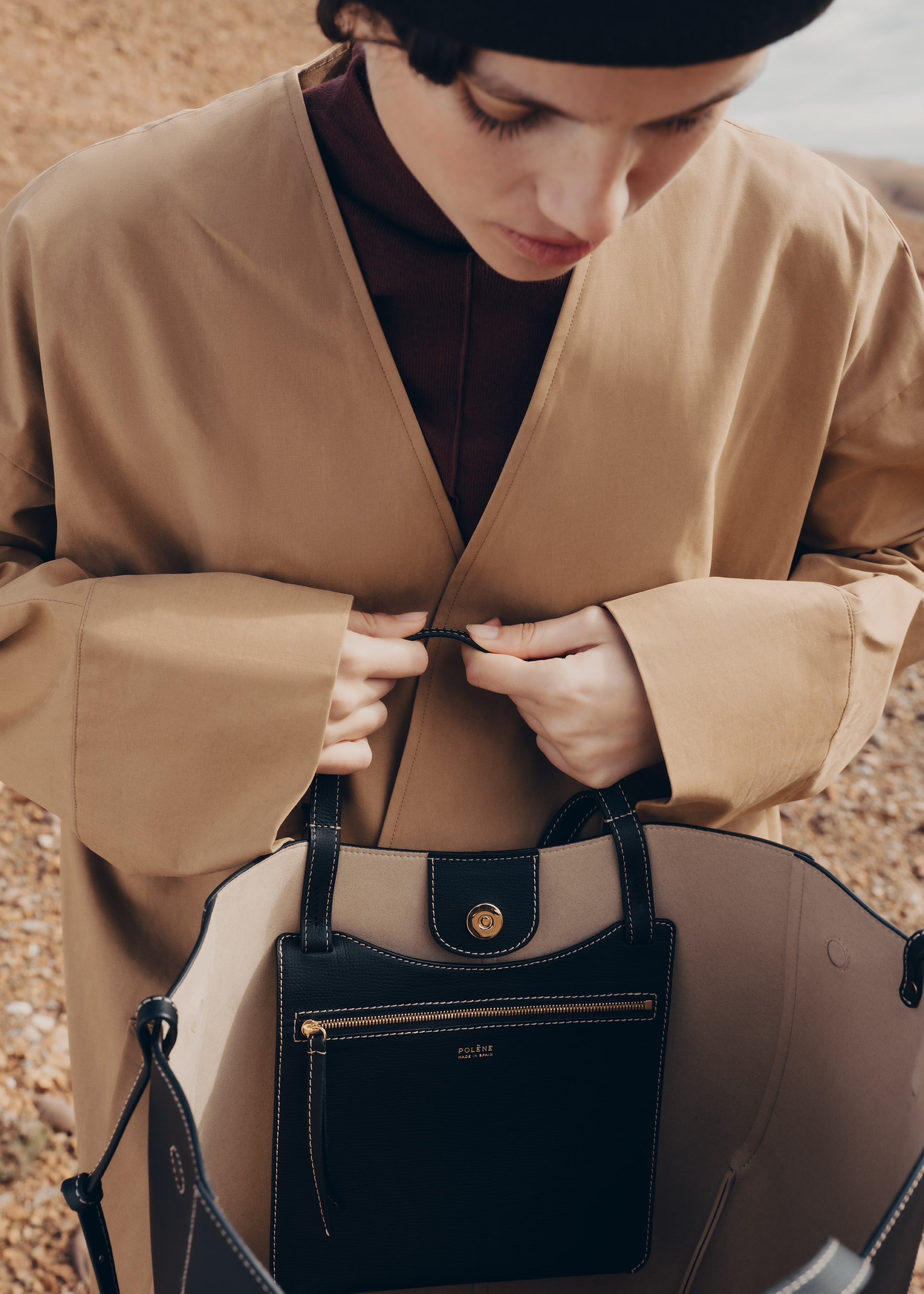 Cyme Tote - Textured Black with Ecru Stitching